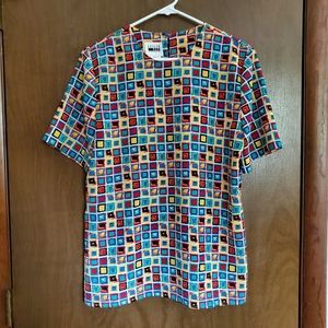 Leslie Fay Abstract Grid Pattern Black Yellow Teal Blue Red Blouse